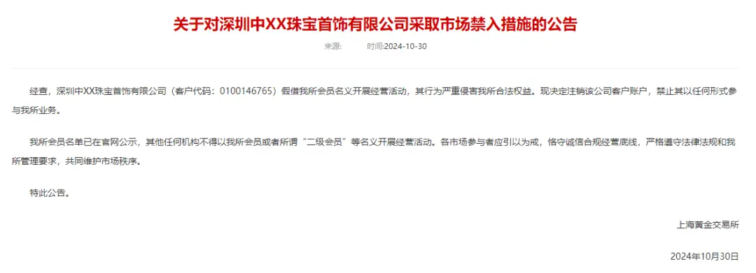 上海黄金交易所对深圳中XX珠宝公司采取禁入市场措施，原因及公告详情解析